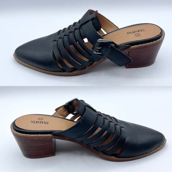 Susina Sondra Lea Leather Mules Black Stacked Low Block Heel Slip On Shoes 8 - Picture 10 of 16